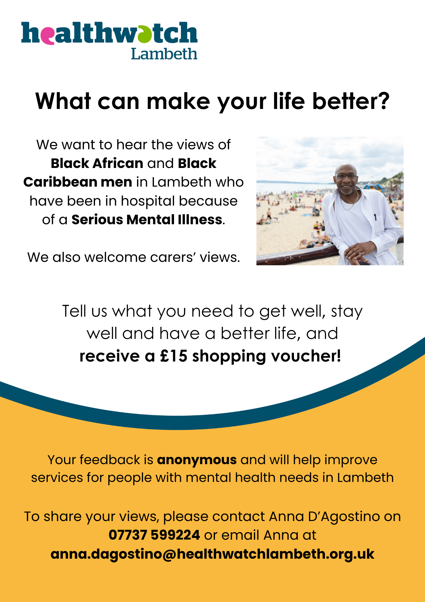 Flyer from Healthwatch Lambeth detailing the mental health project.