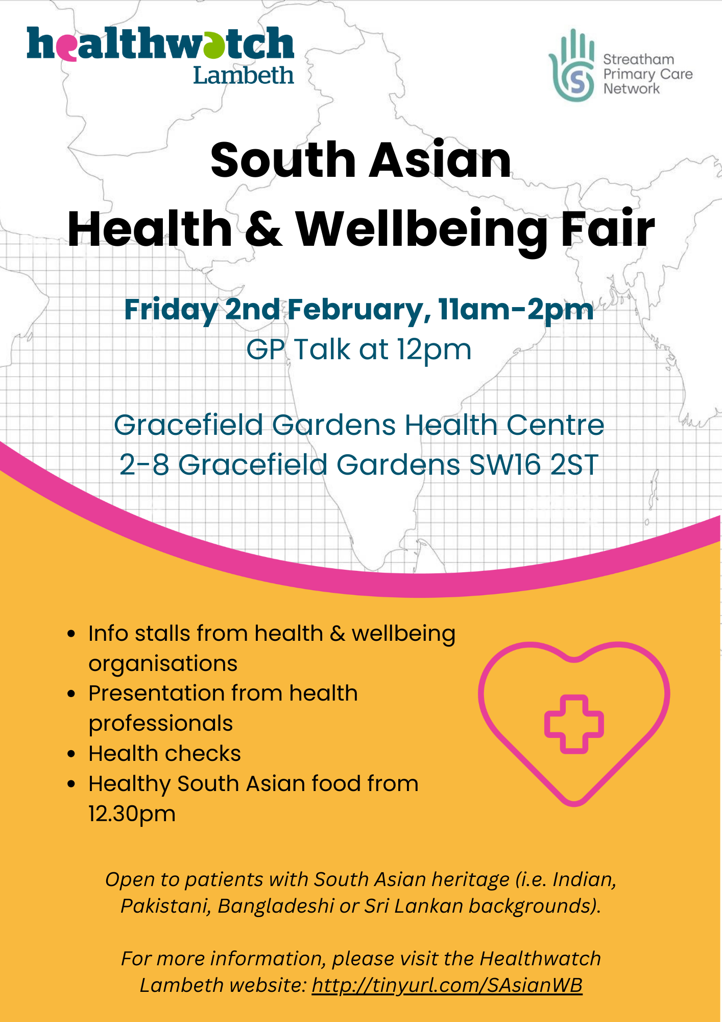 Flyer describing South Asian Health & Wellbeing Fair.