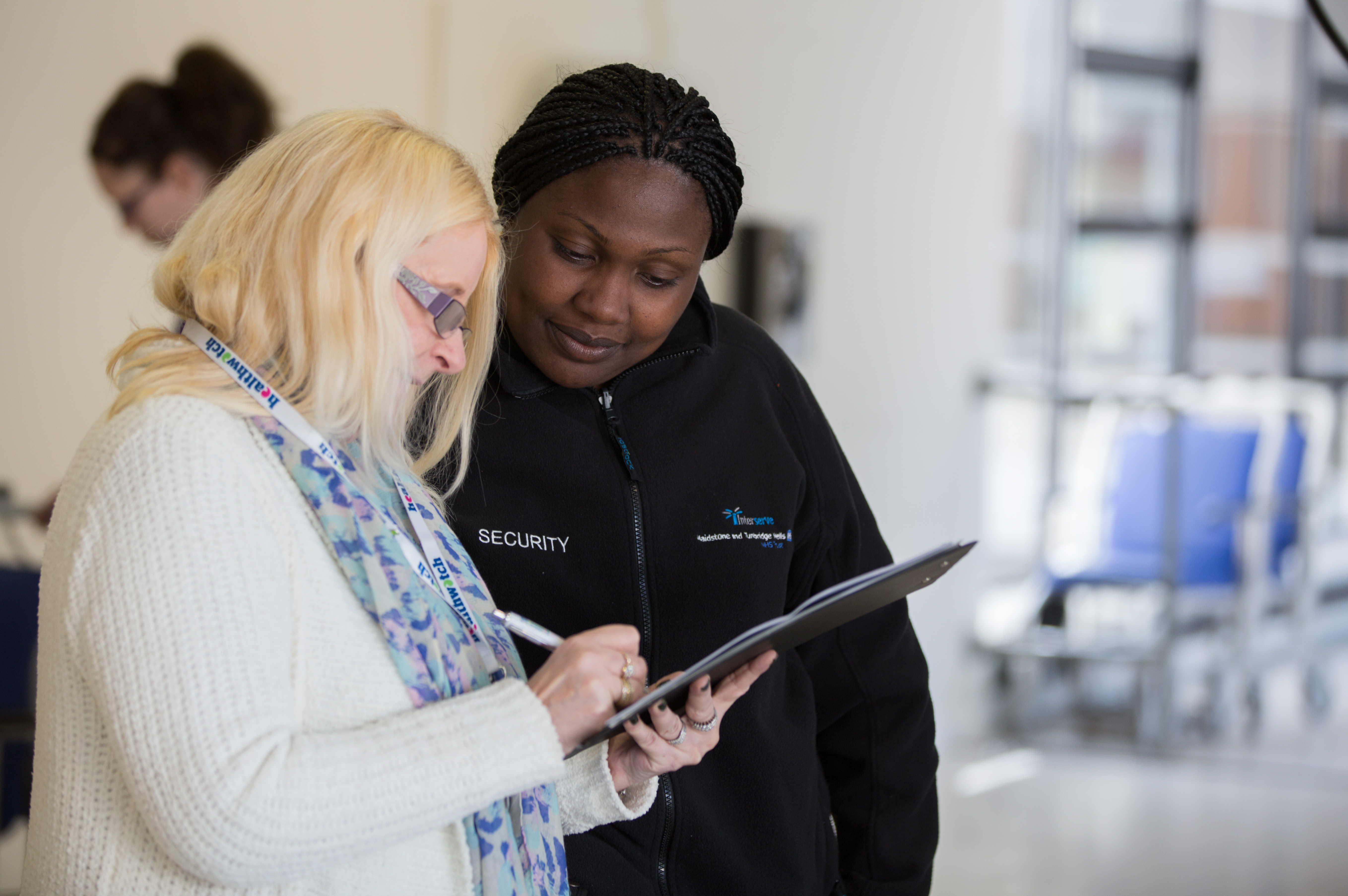 Woman answering a survey