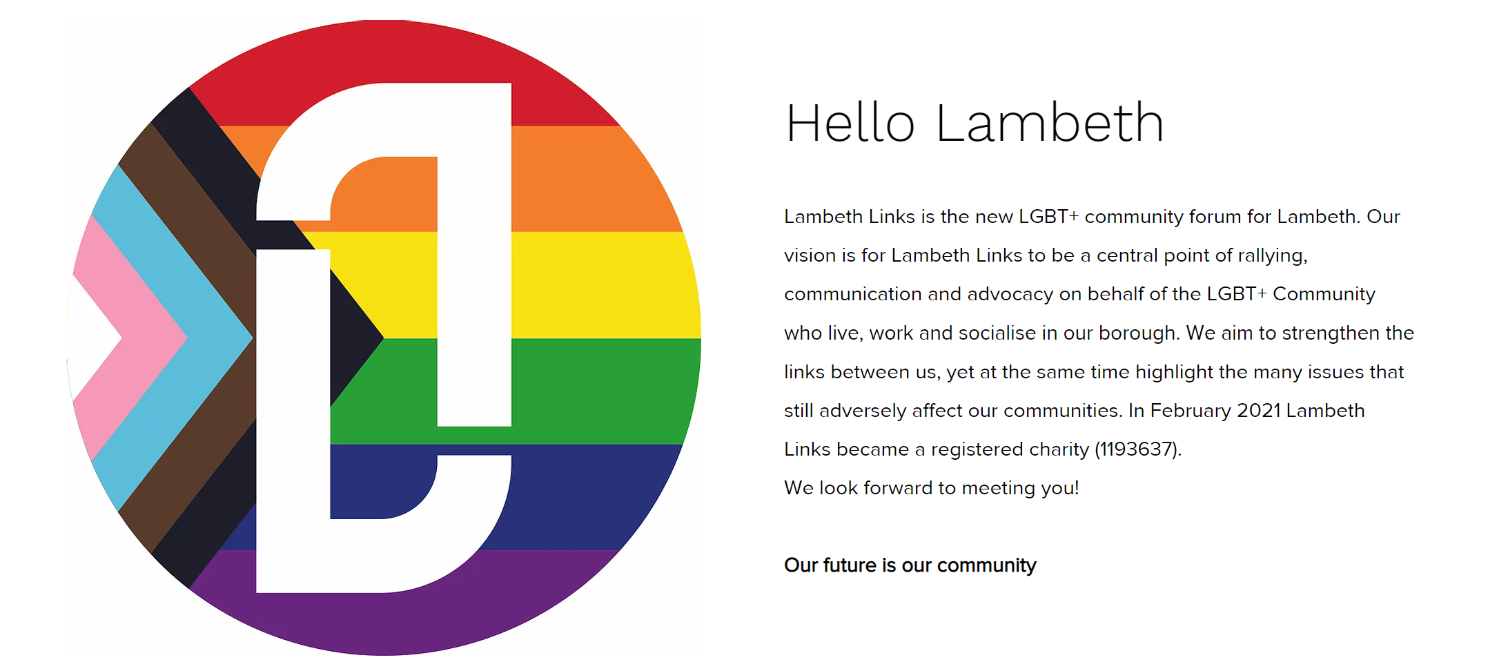 Web banner with Lambeth links logo on the left and a welcome message to the lambeth LGBT community on the right