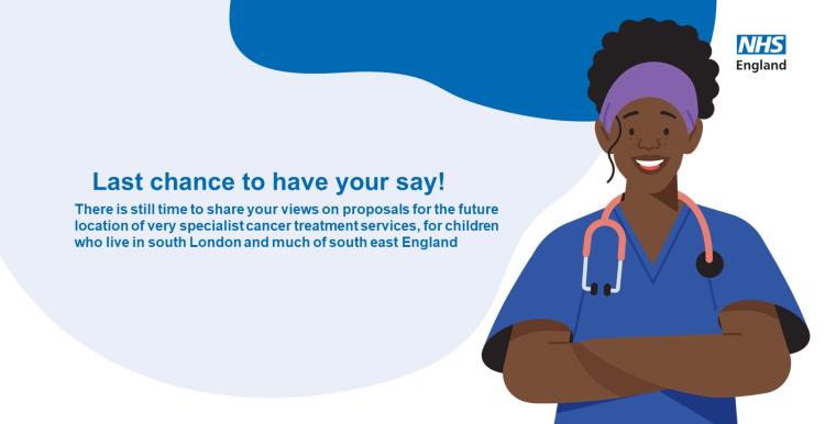 NHS graphic featuring Black female doctor and text reading "Last chance to have your say!".