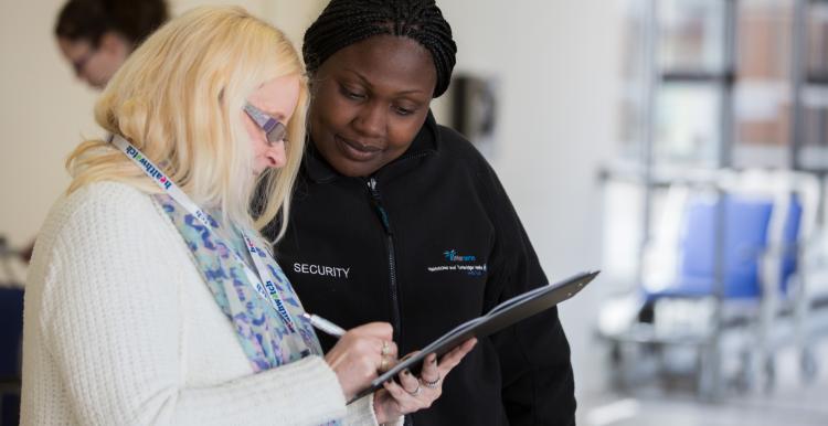 Woman answering a survey