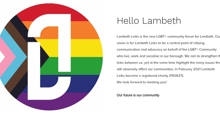 Web banner with Lambeth links logo on the left and a welcome message to the lambeth LGBT community on the right
