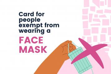 Text saying: "Card for people exempt from wearing a face mask" and the picture of a hand holding a mask